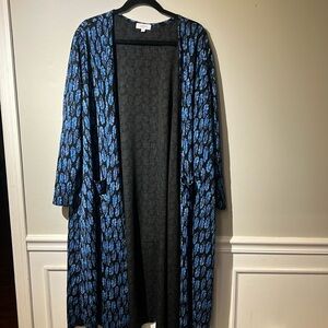 LulaRoe Black with Blue Feathers Long Kimono
